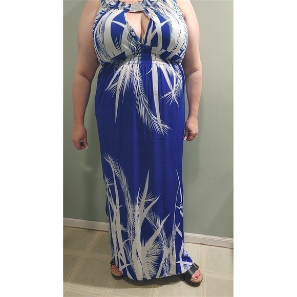 NWT Hawaiian Palms Backless Keyhole Front Sundress Maxi Dress Blue White XXL #14 - Picture 4 of 4